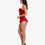 Santa's Helper Costume – red velvet push-up bustier with white faux fur trim, built-in ruffle skirt and garter straps by Carrie Amber Intimates
