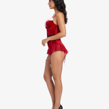 Santa's Helper Costume – red velvet push-up bustier with white faux fur trim, built-in ruffle skirt and garter straps by Carrie Amber Intimates
