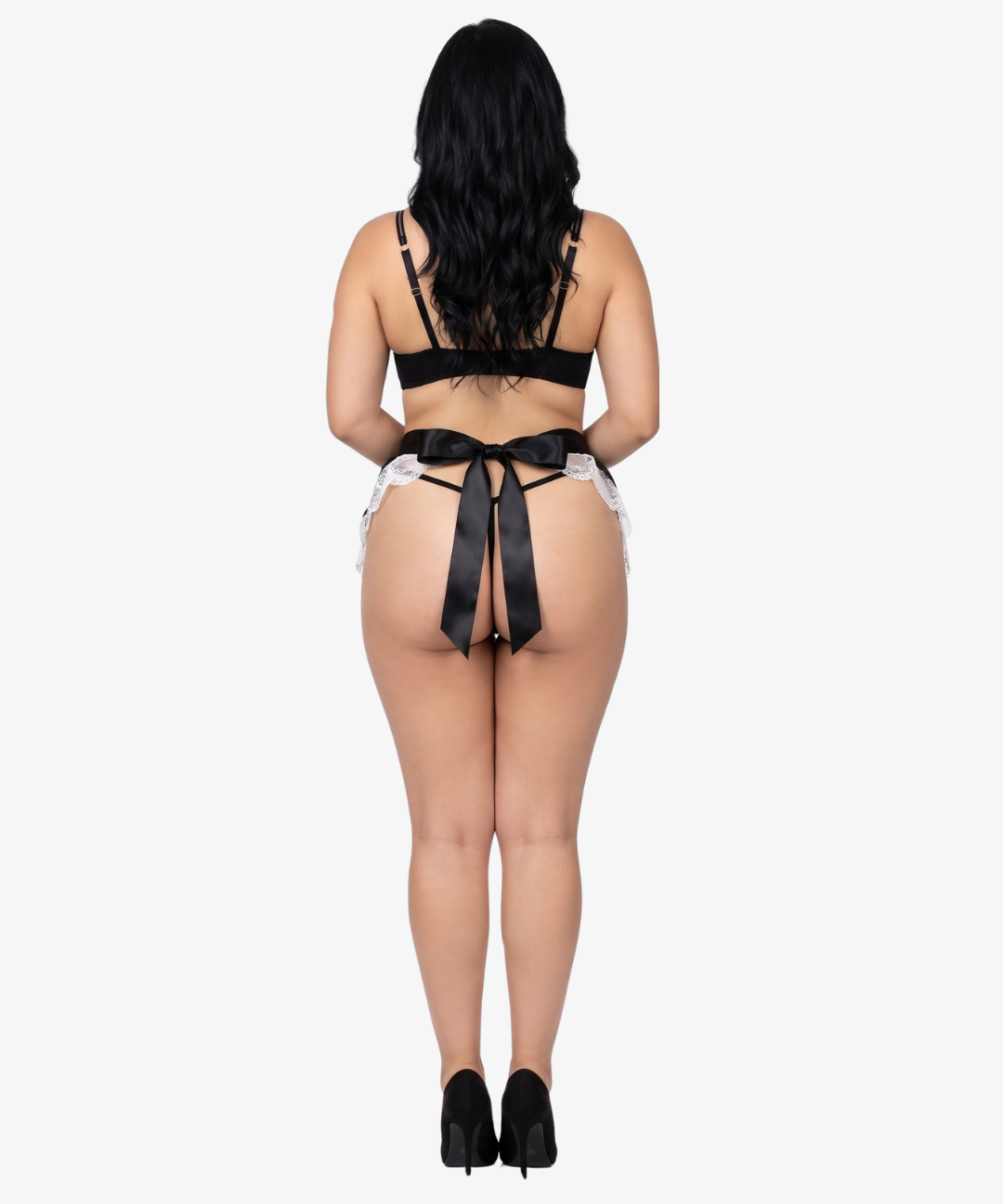 Room Service Costume – black apron-style babydoll with white lace trim and matching thong french maid costume by Carrie Amber Intimates