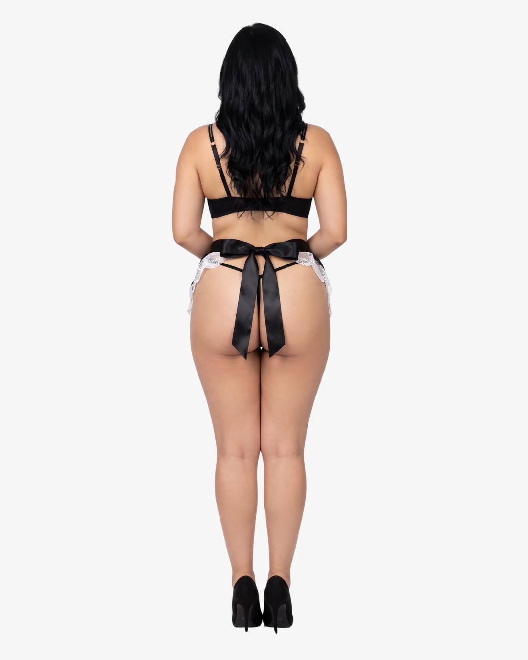 Room Service Costume – black apron-style babydoll with white lace trim and matching thong french maid costume by Carrie Amber Intimates