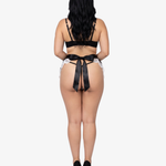 Room Service Costume – black apron-style babydoll with white lace trim and matching thong french maid costume by Carrie Amber Intimates
