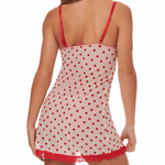 Red nightgown with heart pattern worn by a model on a white background