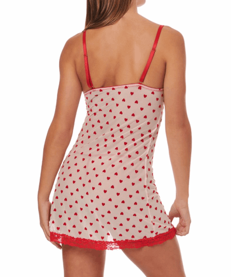 Red nightgown with heart pattern worn by a model on a white background