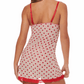 Red nightgown with heart pattern worn by a model on a white background
