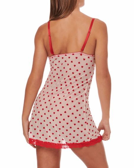 Red nightgown with heart pattern worn by a model on a white background