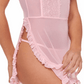Pink lace lingerie with ruffled hem on a white background