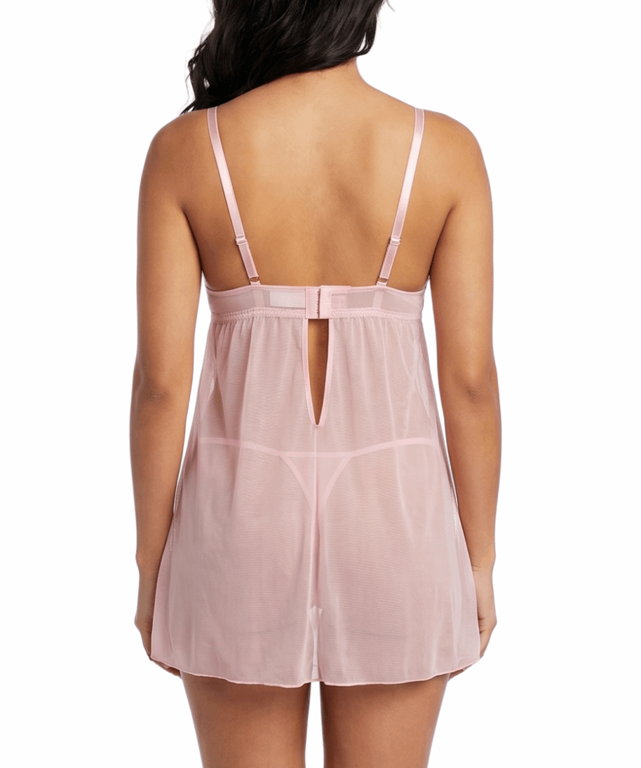 Pink lace nightgown worn by a model on a white background