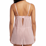 Pink lace nightgown worn by a model on a white background