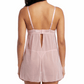 Pink lace nightgown worn by a model on a white background