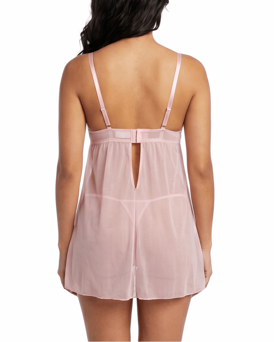 Pink lace nightgown worn by a model on a white background