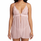 Woman wearing a pink lace nightgown on a white background