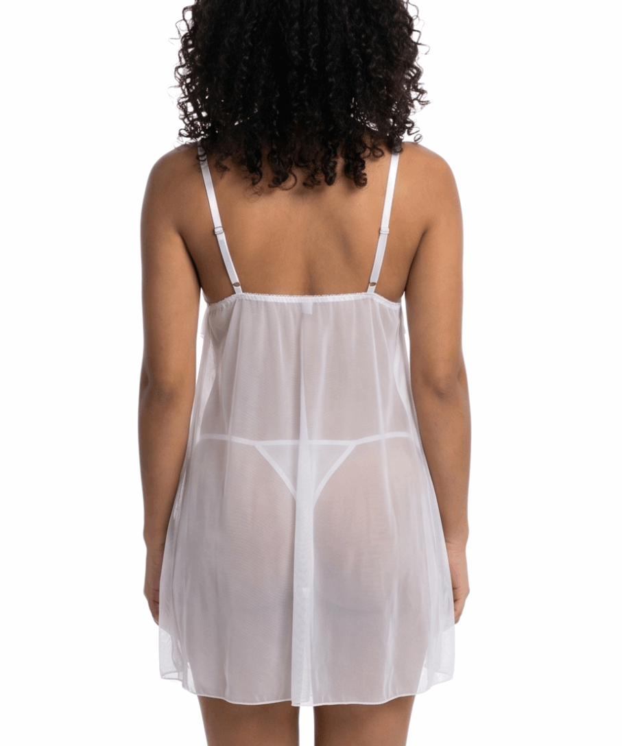 White sheer nightgown worn by a model on a white background