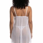 White sheer nightgown worn by a model on a white background