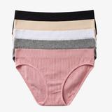 A stack of five women's ribbed briefs in different colors, including black, beige, white, gray, and dusty pink, displayed against a light gray background.