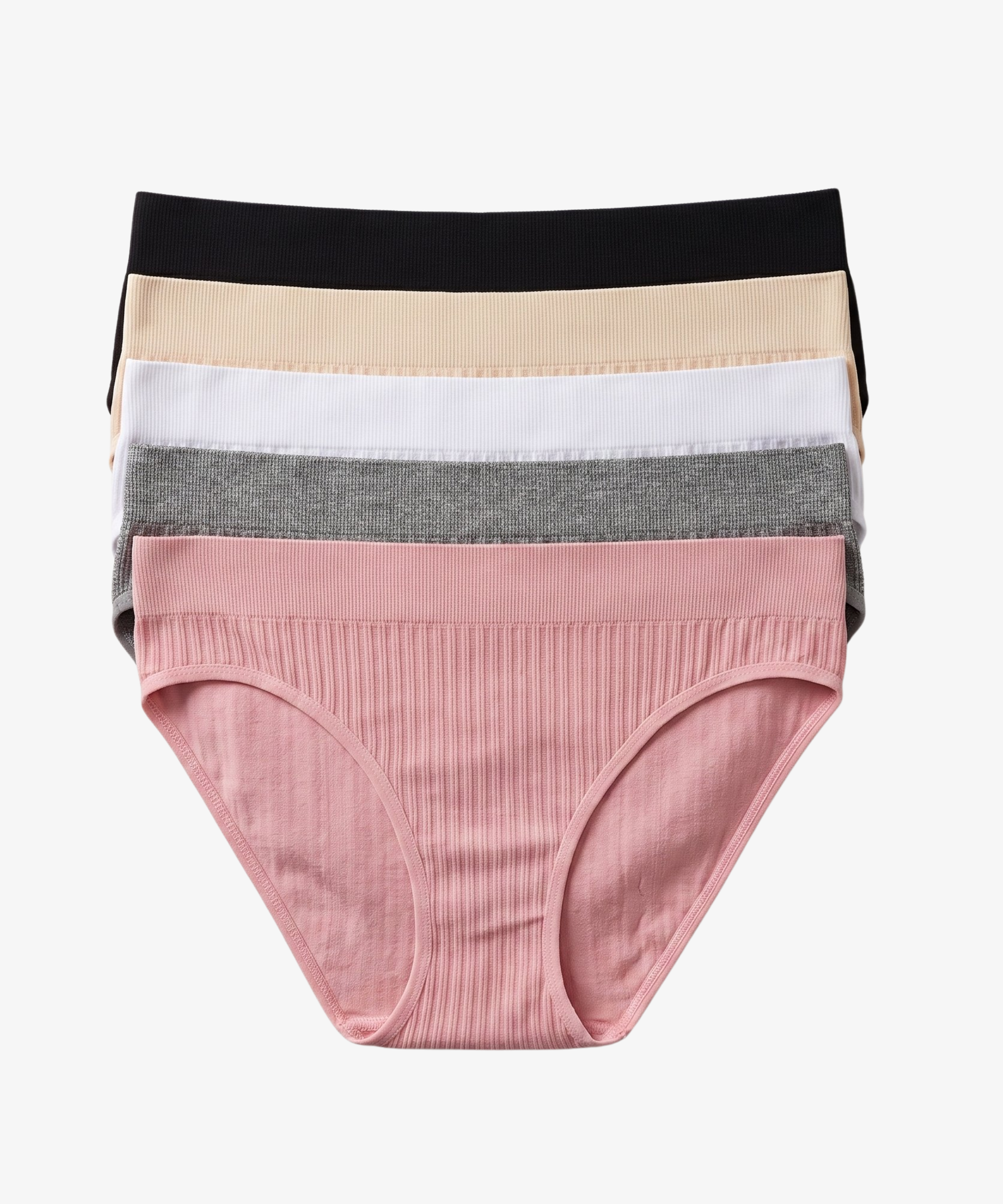 A stack of five women's ribbed briefs in different colors, including black, beige, white, gray, and dusty pink, displayed against a light gray background.