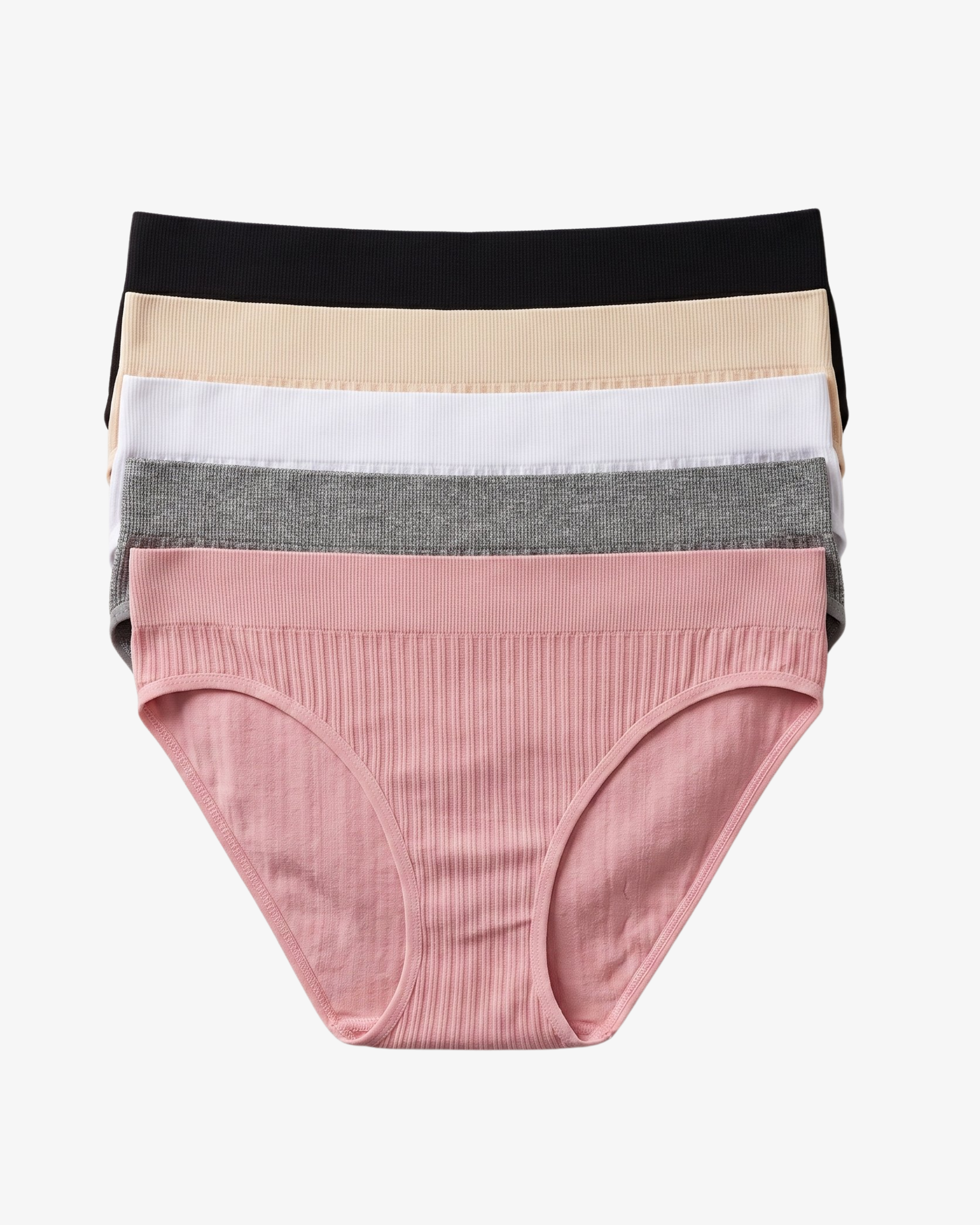 A stack of five women's ribbed briefs in different colors, including black, beige, white, gray, and dusty pink, displayed against a light gray background.