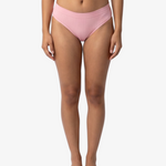 A woman modeling a pink bikinis panty set against a plain light gray background.