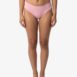 A woman modeling a pink bikinis panty set against a plain light gray background.