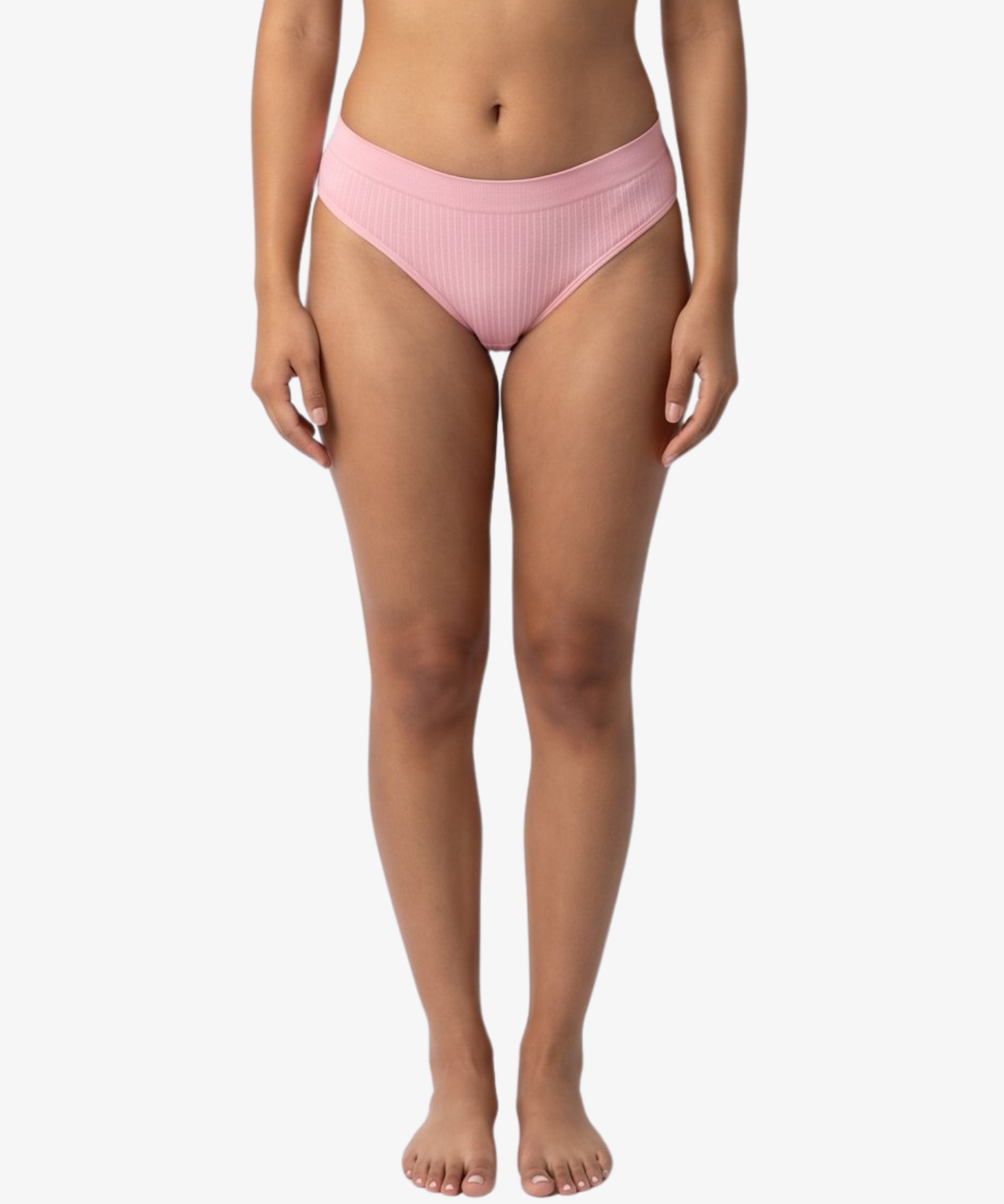 A woman modeling a pink bikinis panty set against a plain light gray background.