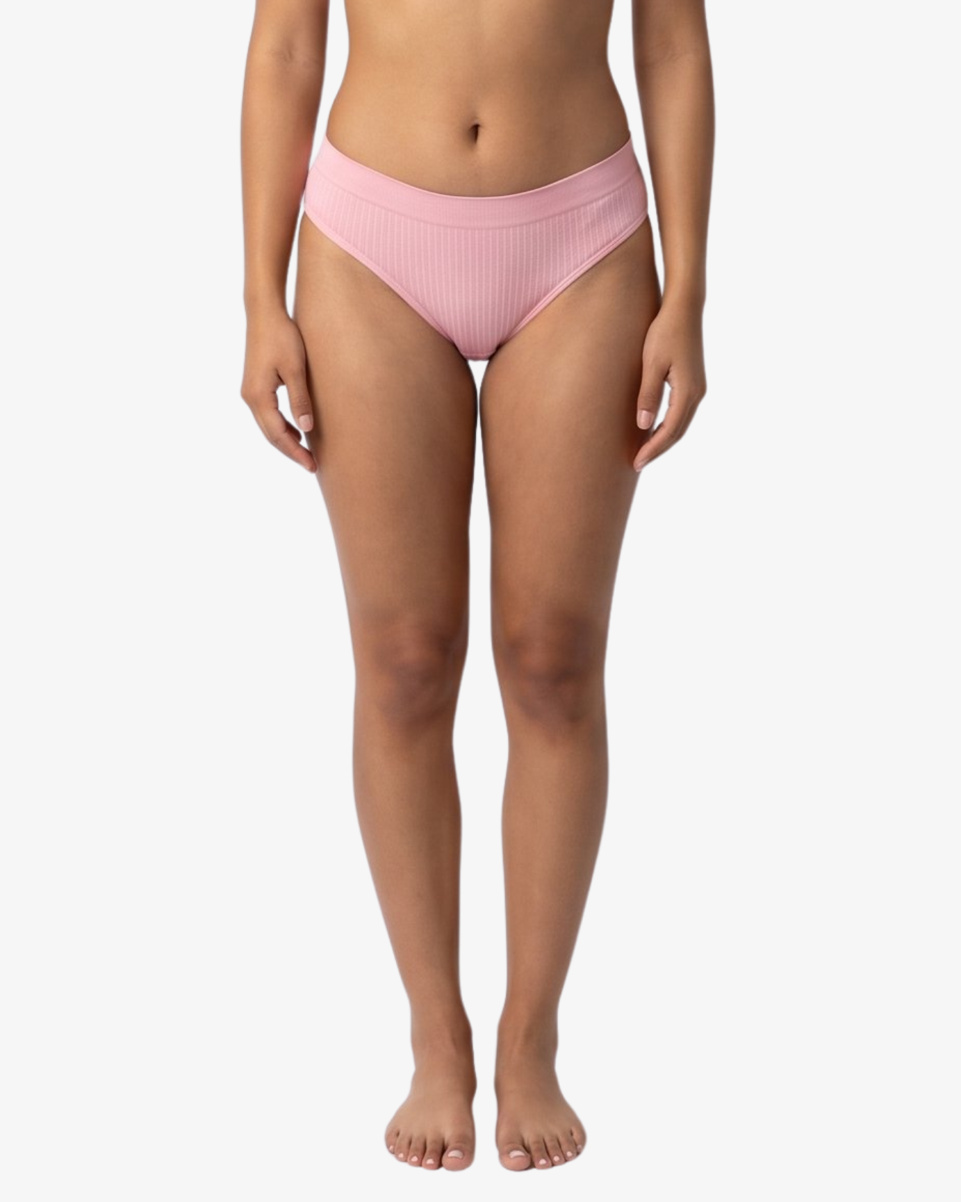 A woman modeling a pink bikinis panty set against a plain light gray background.