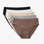 A set of five women's ribbed briefs in different colors, fanned out on a light gray background. The colors visible are black, white, beige, heather gray, and a warm brown.