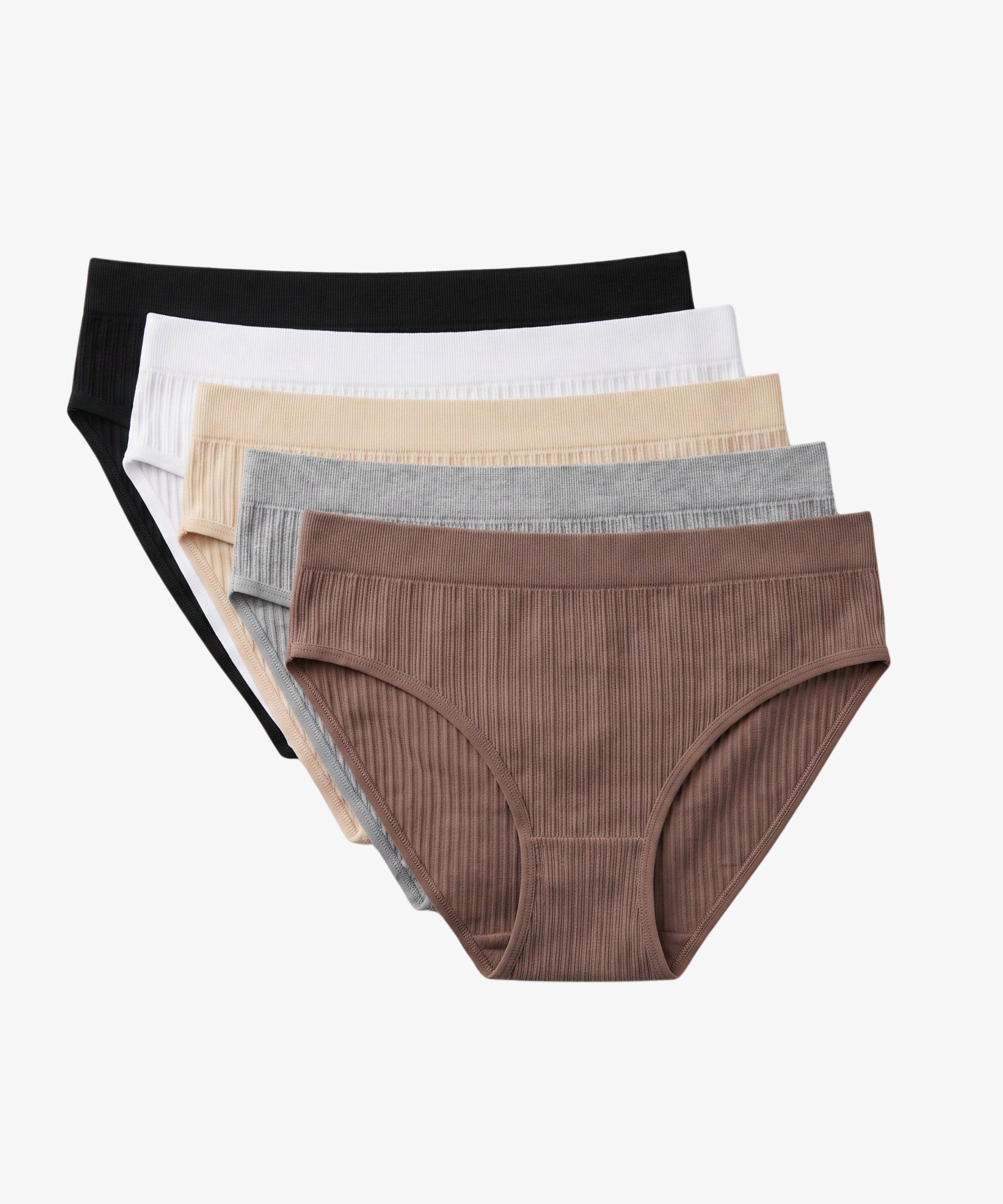 A set of five women's ribbed briefs in different colors, fanned out on a light gray background. The colors visible are black, white, beige, heather gray, and a warm brown.