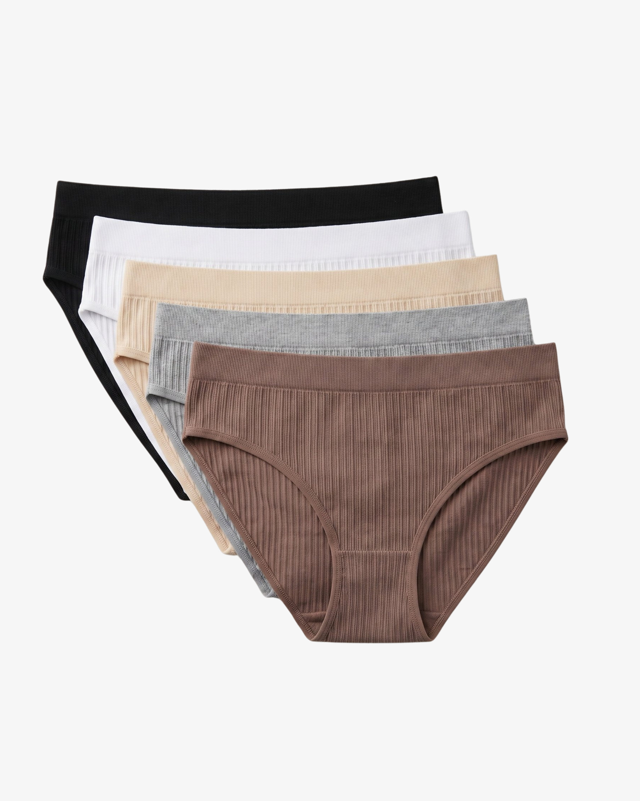 A set of five women's ribbed briefs in different colors, fanned out on a light gray background. The colors visible are black, white, beige, heather gray, and a warm brown.