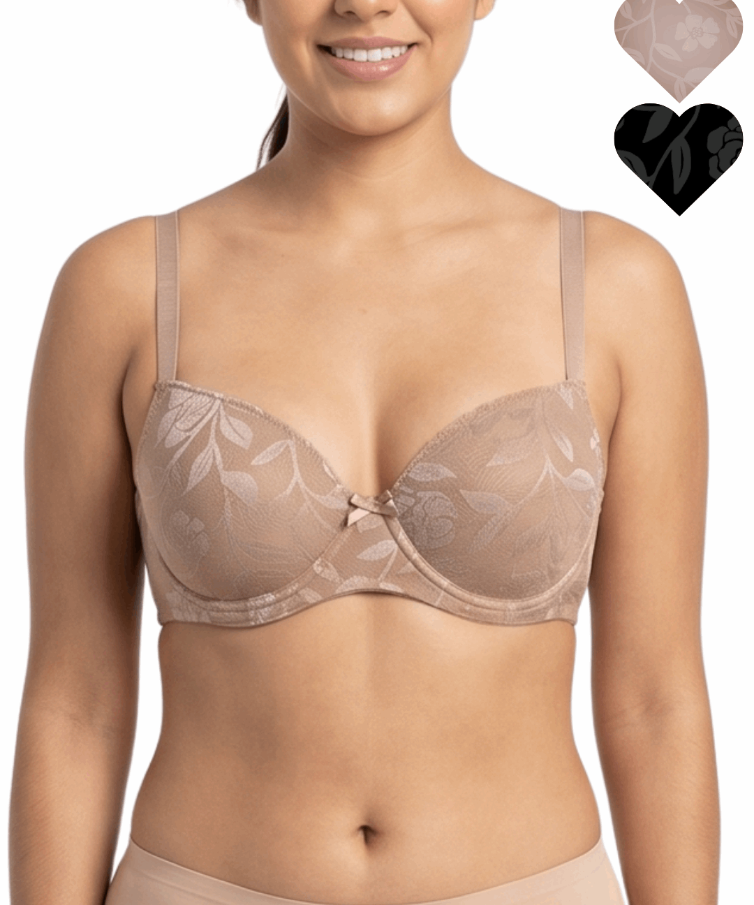 Woman wearing a beige floral lace bra with heart icons showing color options on a white background.
