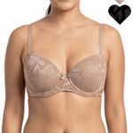 Woman wearing a beige floral lace bra with heart icons showing color options on a white background.