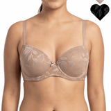 Woman wearing a beige floral lace bra with heart icons showing color options on a white background.