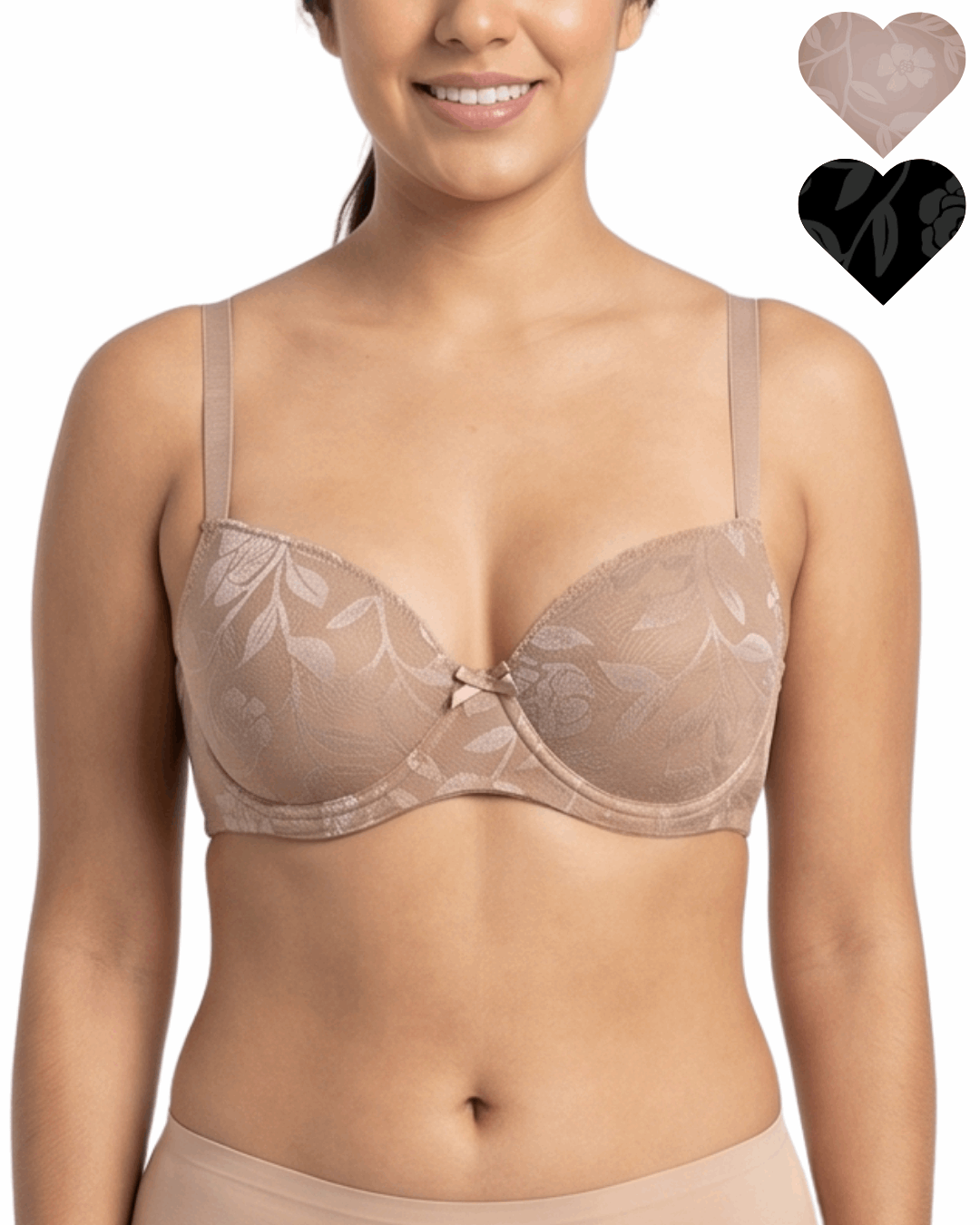 Woman wearing a beige floral lace bra with heart icons showing color options on a white background.