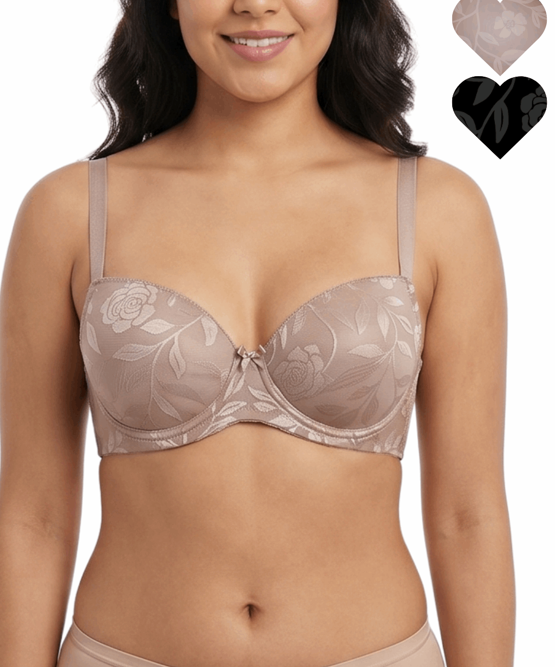 Woman wearing a beige bra with floral lace details on a white background
