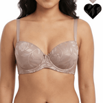 Woman wearing a beige bra with floral lace details on a white background
