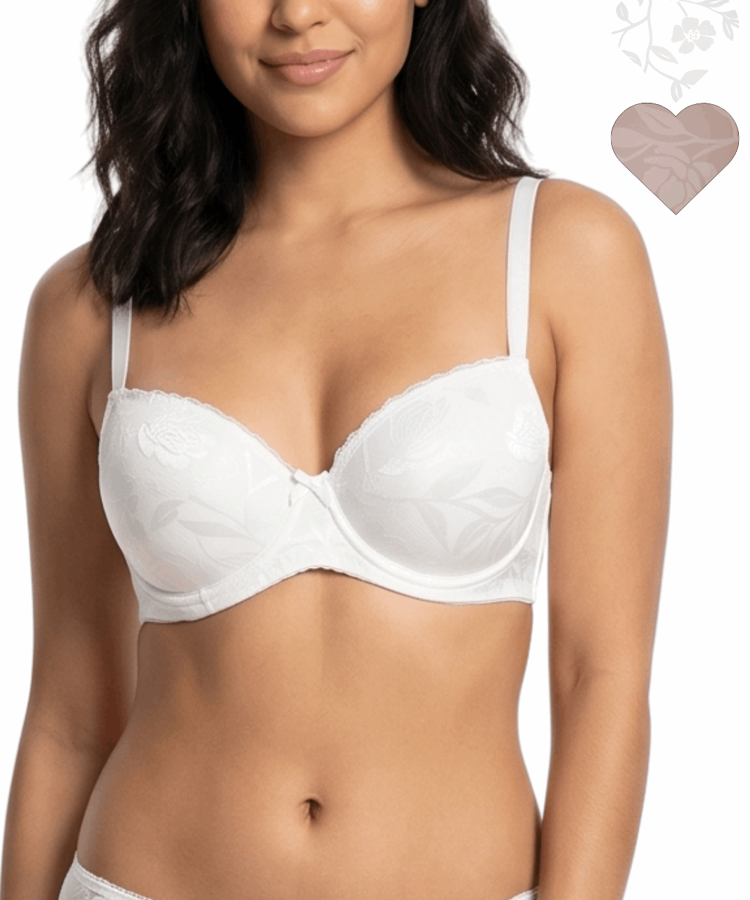 Woman wearing a white bra with a plain background