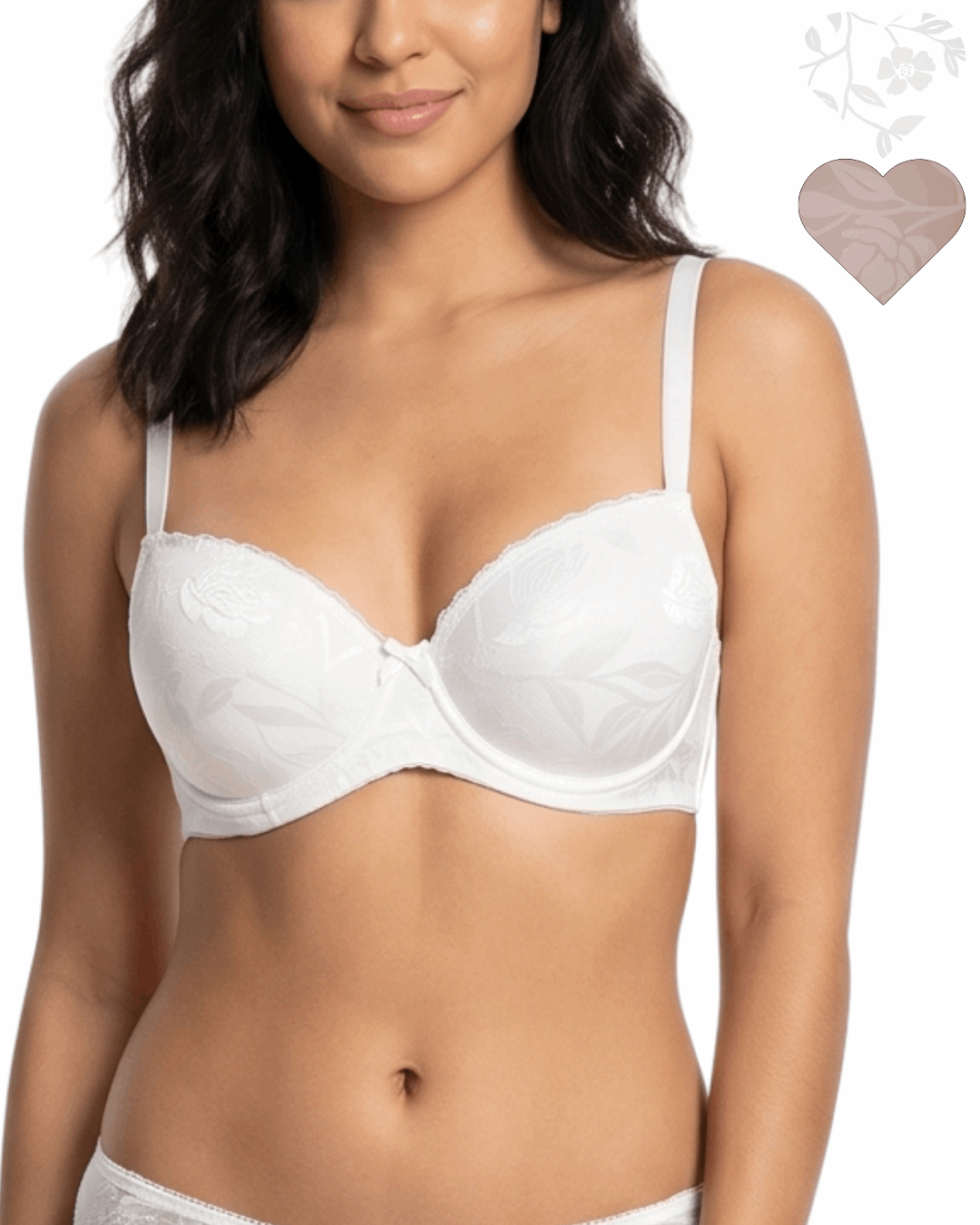 Woman wearing a white bra with a plain background