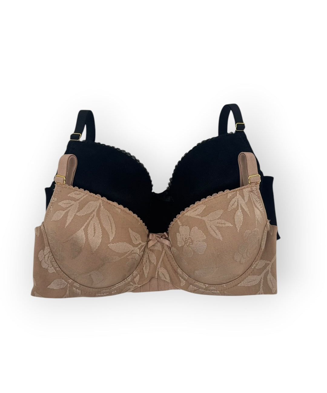 Brown bra with floral lace details on a white background