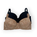 Brown bra with floral lace details on a white background