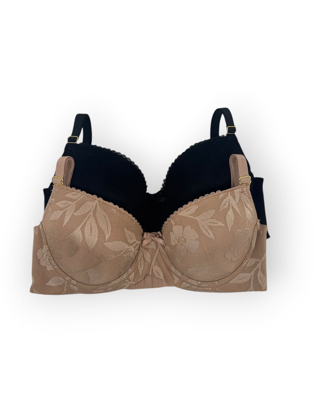 Brown bra with floral lace details on a white background