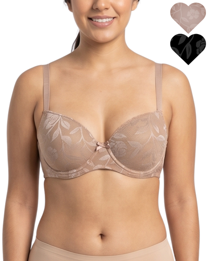 Woman wearing a beige floral lace bra with heart icons showing color options on a white background.