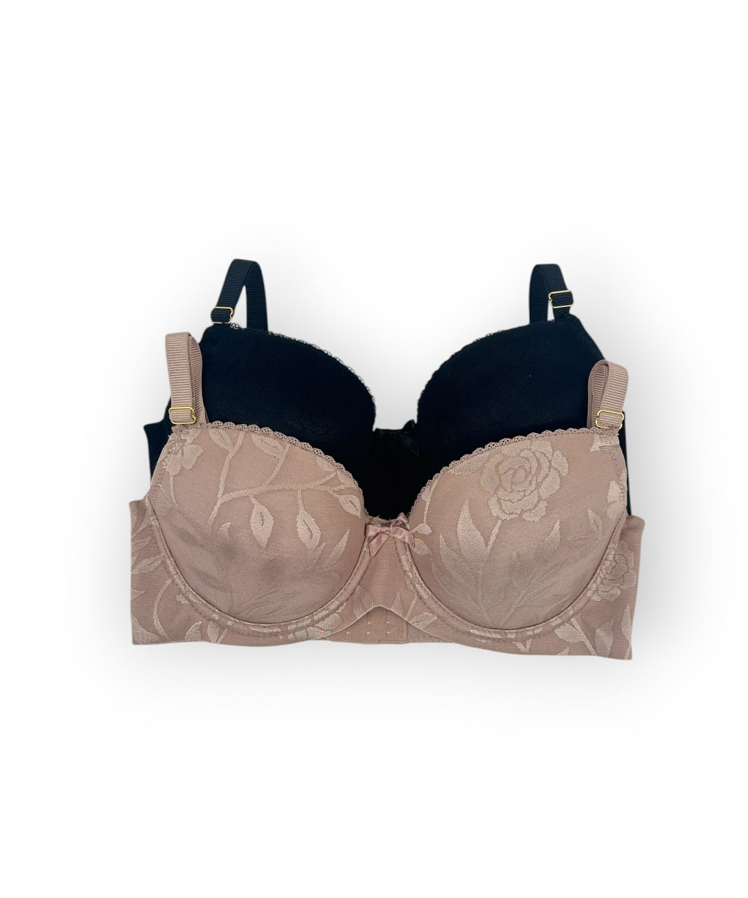 Black bra with floral lace trim on a white background