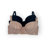 Black bra with floral lace trim on a white background