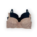 Black bra with floral lace trim on a white background
