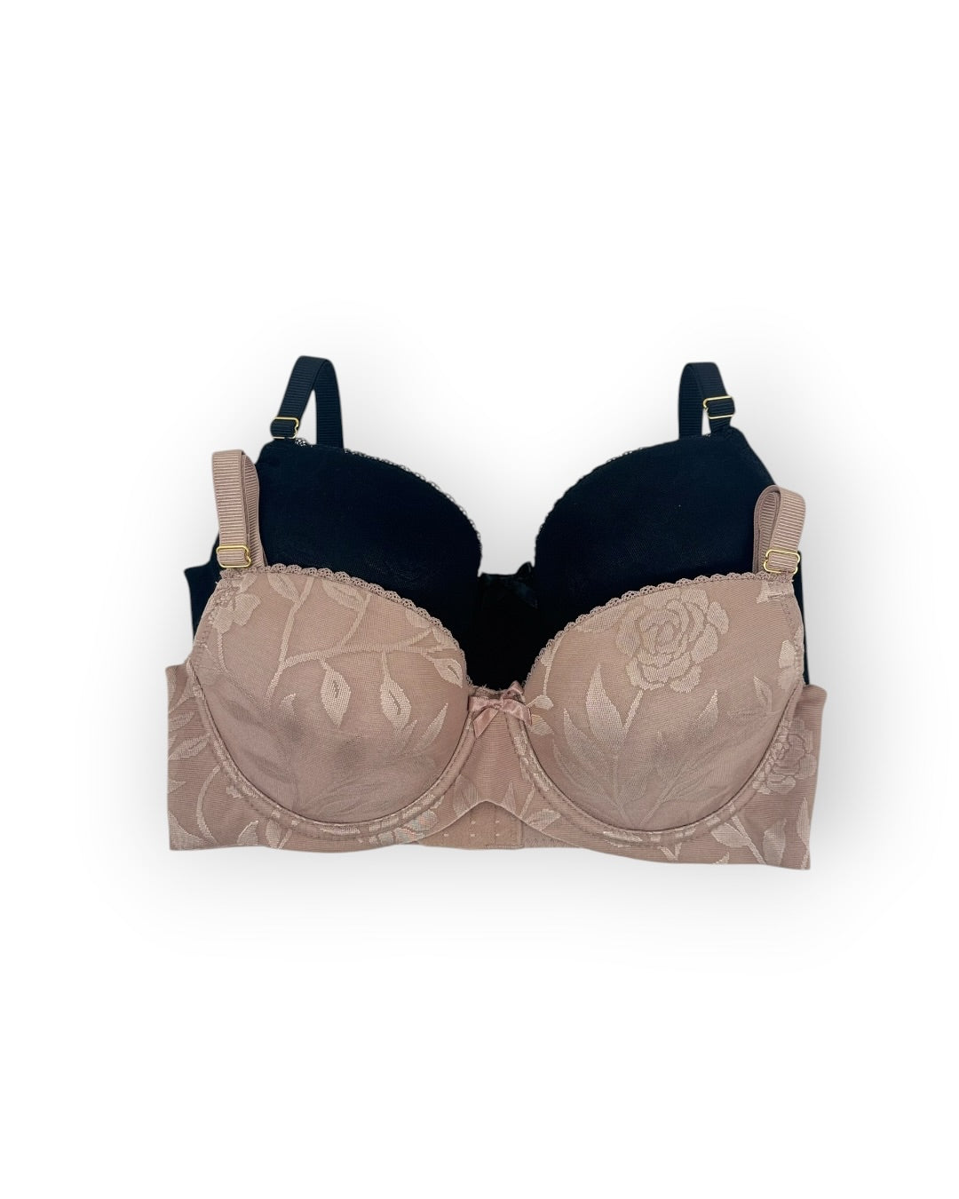 Black bra with floral lace trim on a white background