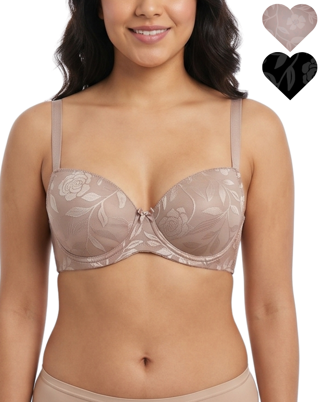 Woman wearing a beige bra with floral lace details on a white background