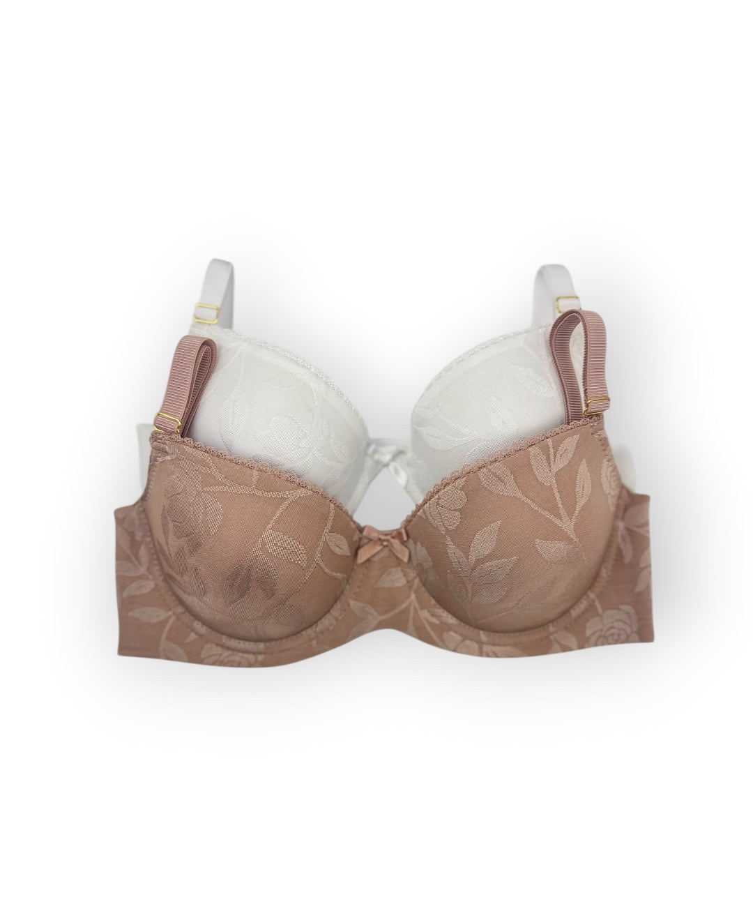 Brown floral-patterned bra with white cups on a white background
