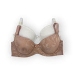 Brown floral-patterned bra with white cups on a white background
