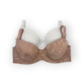 Brown floral-patterned bra with white cups on a white background