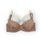 Brown floral-patterned bra with white cups on a white background