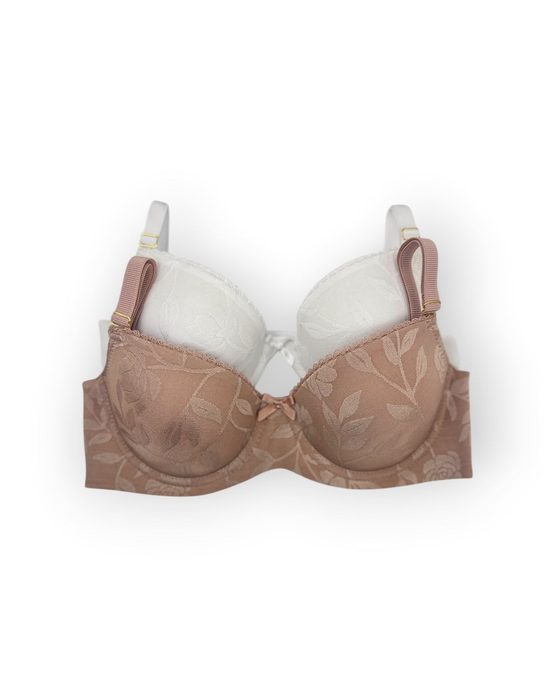 Brown floral-patterned bra with white cups on a white background