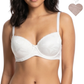 Woman wearing a white bra with a plain background